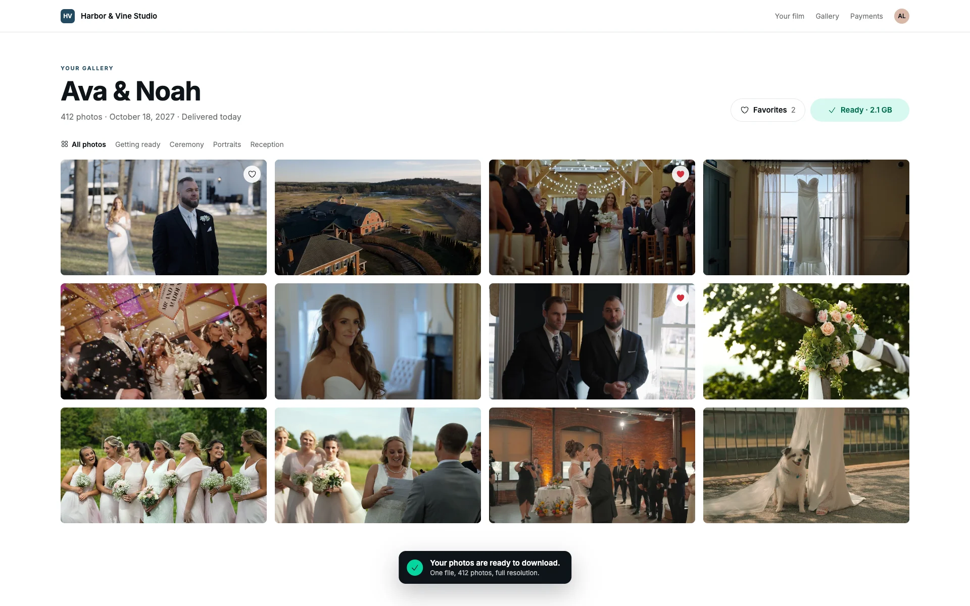 A wedding gallery of twelve photographs with two favorited and the download ready