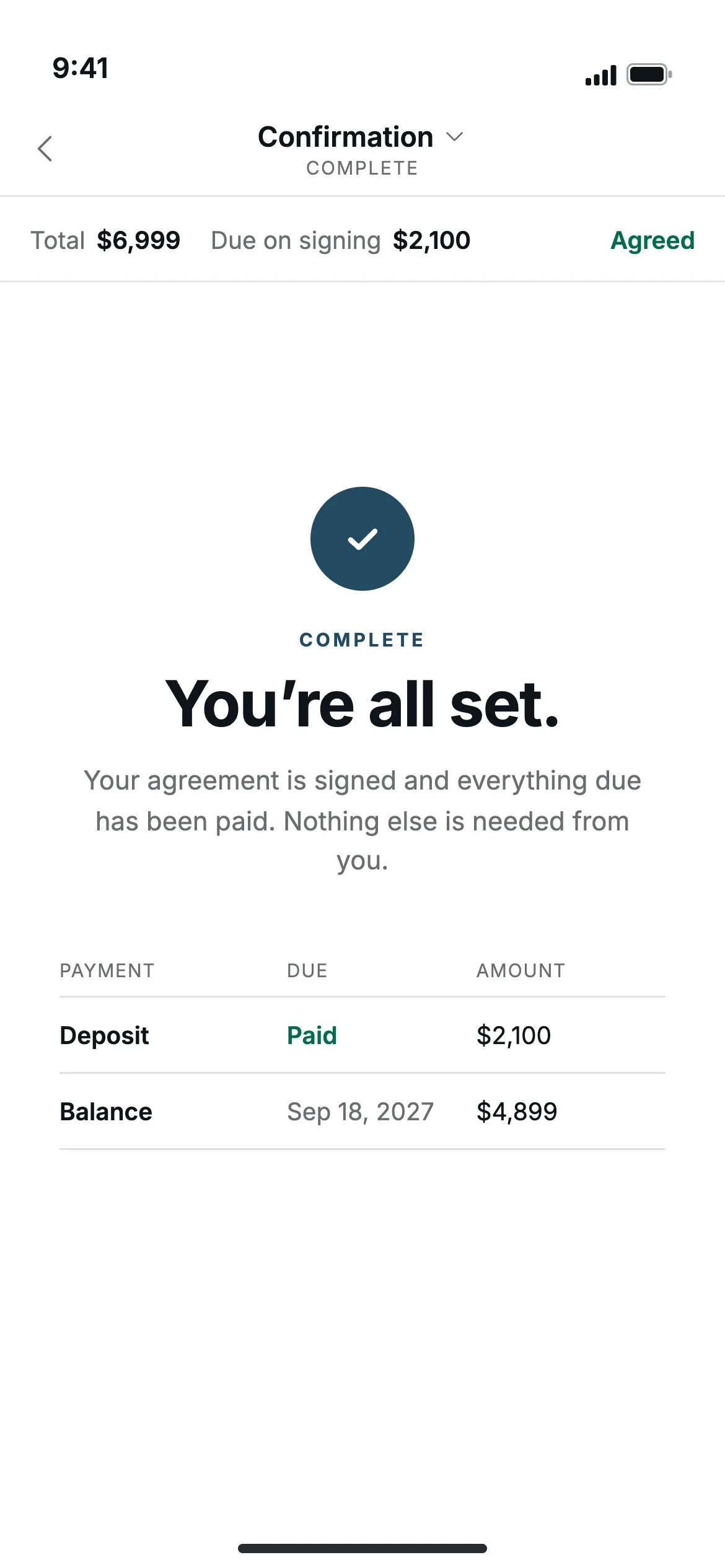 A proposal on an iPhone, confirmed: You’re all set, deposit paid