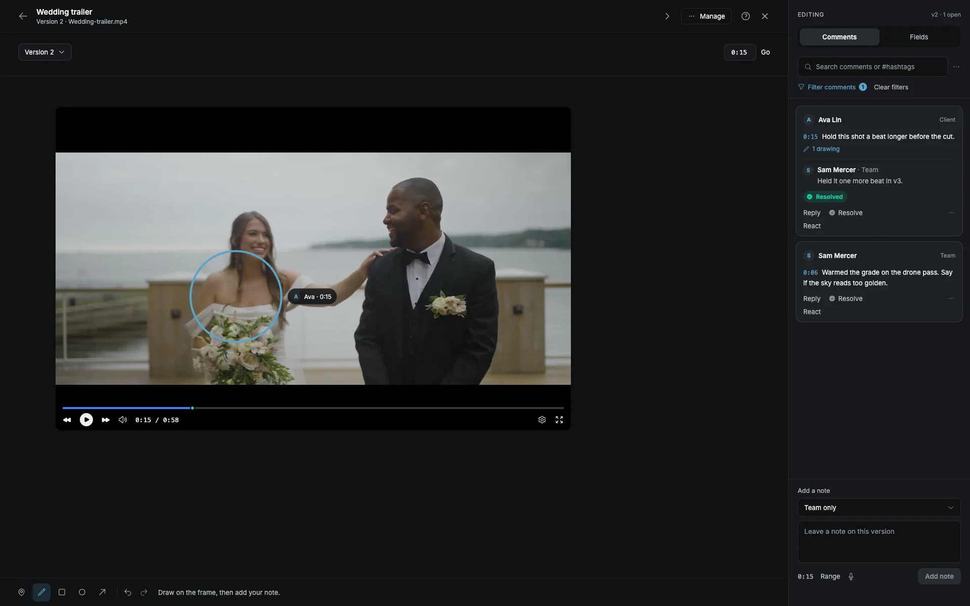 A wedding trailer paused in the review workspace with a resolved note beside it